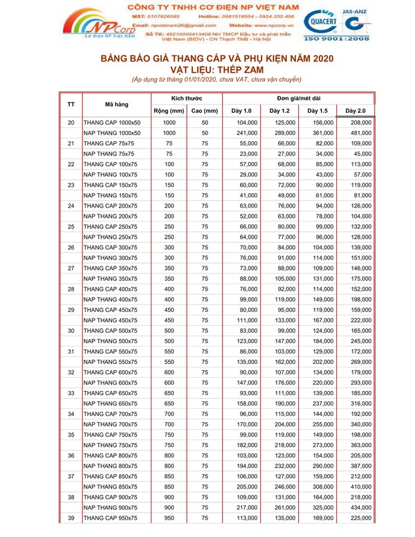 Bảng giá thang cáp tôn ZAM 2020 Bảng giá thang cáp tôn ZAM 2020