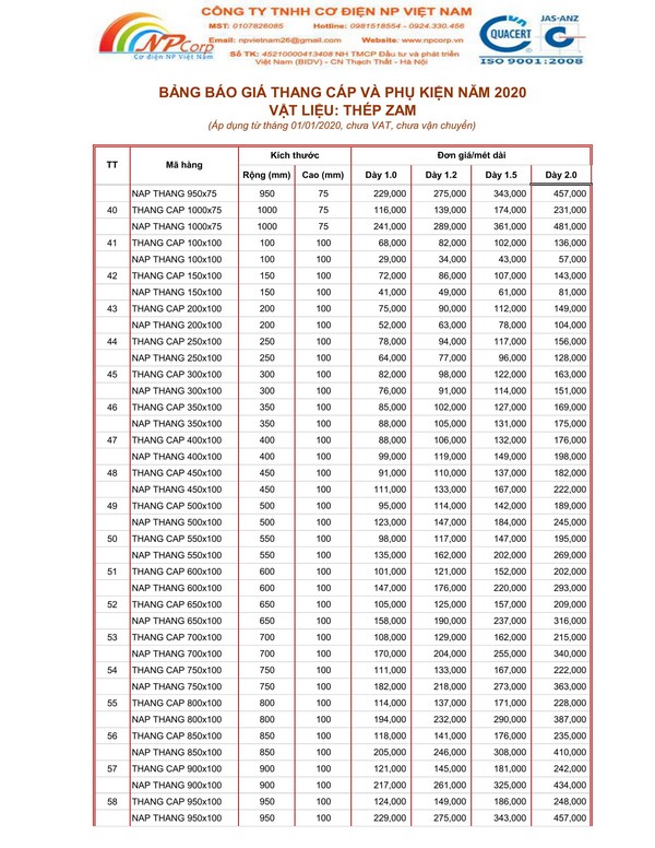Bảng giá thang cáp tôn ZAM 2020 Bảng giá thang cáp tôn ZAM 2020
