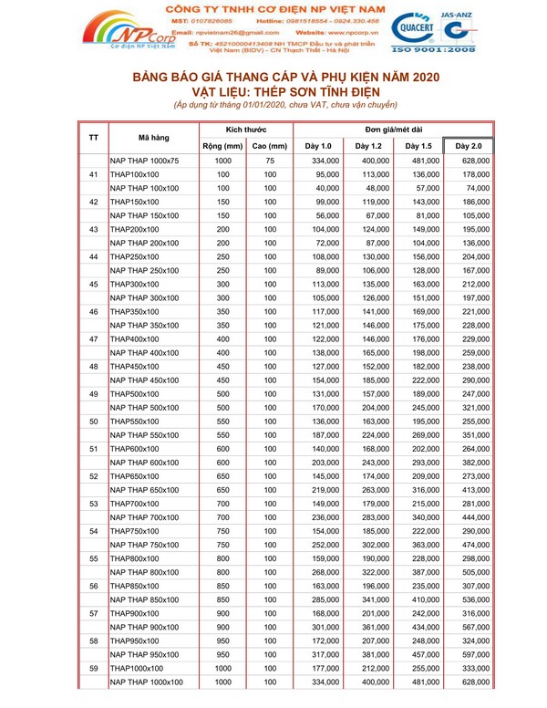 Bảng giá thang cáp sơn tĩnh điện 2020 Bảng giá thang cáp sơn tĩnh điện 2020