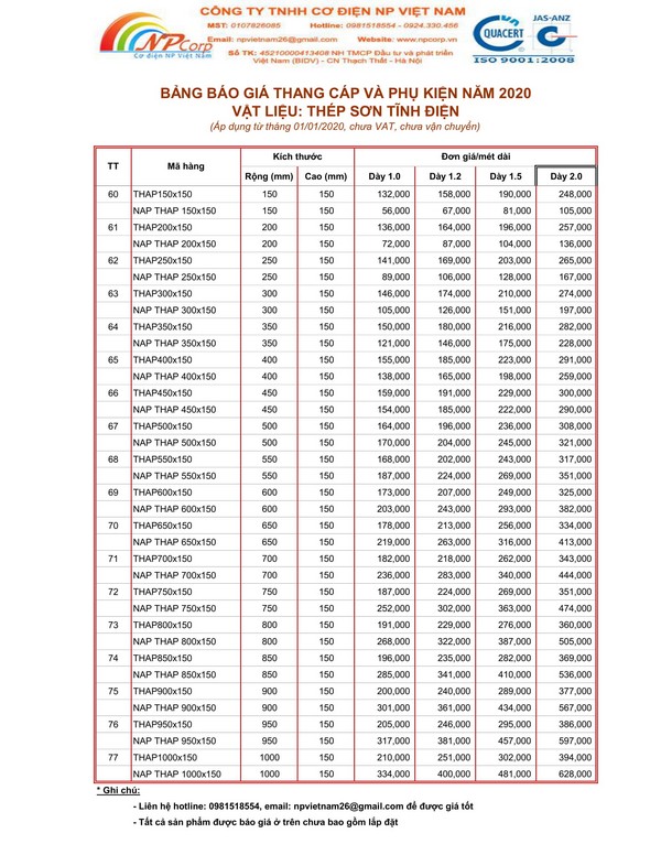 Bảng giá thang cáp sơn tĩnh điện 2020 Bảng giá thang cáp sơn tĩnh điện 2020