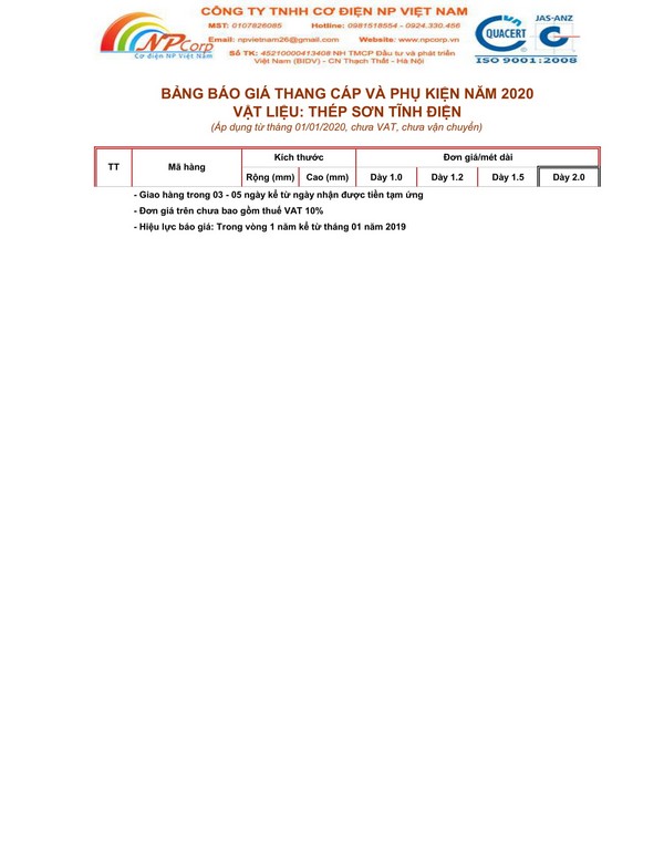 Bảng giá thang cáp sơn tĩnh điện 2020 Bảng giá thang cáp sơn tĩnh điện 2020