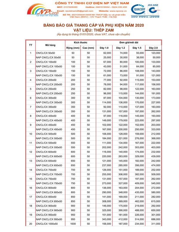 Bảng giá thang cáp tôn ZAM 2020 Bảng giá thang cáp tôn ZAM 2020