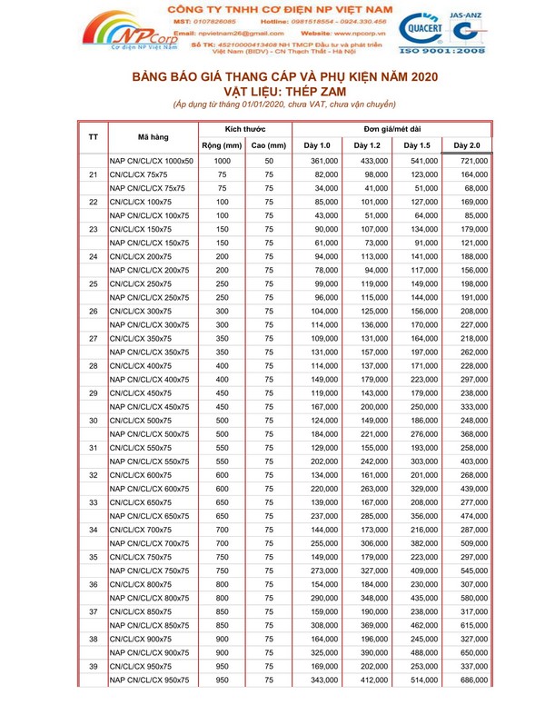 Bảng giá thang cáp tôn ZAM 2020 Bảng giá thang cáp tôn ZAM 2020