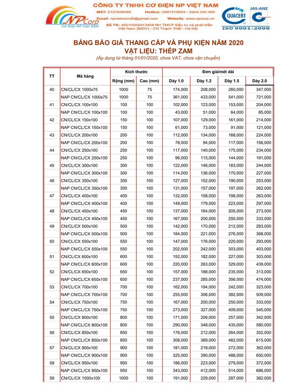 Bảng giá thang cáp tôn ZAM 2020 Bảng giá thang cáp tôn ZAM 2020