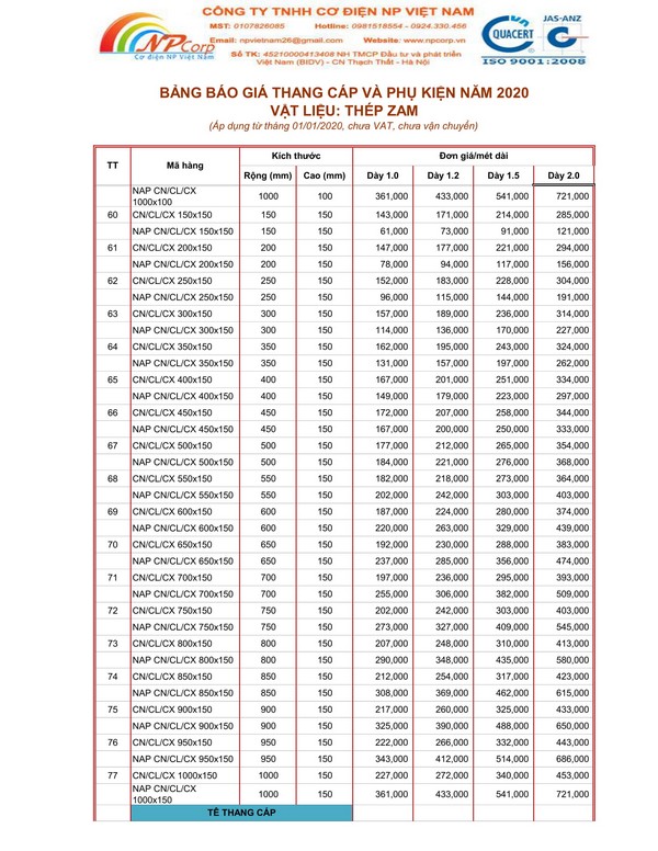 Bảng giá thang cáp tôn ZAM 2020 Bảng giá thang cáp tôn ZAM 2020
