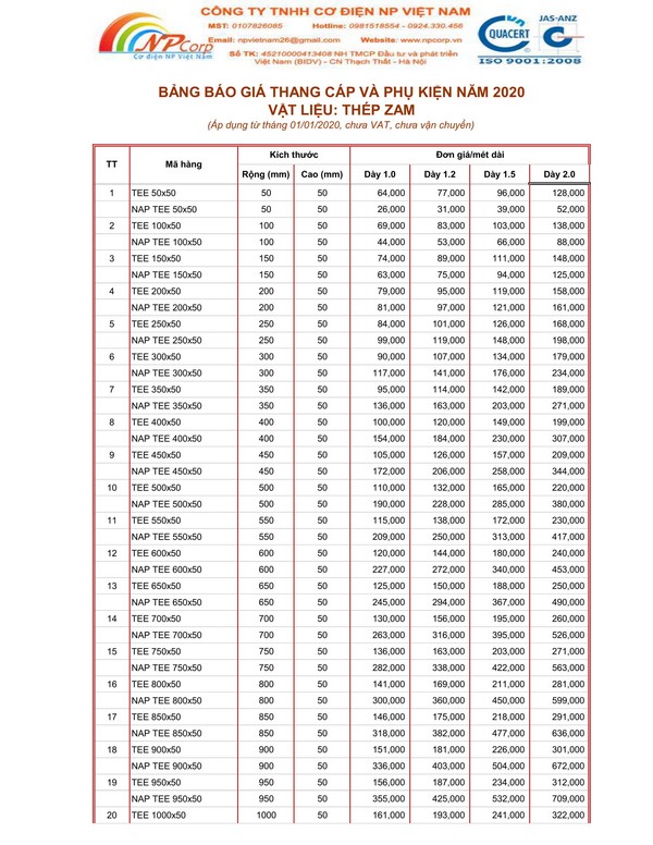 Bảng giá thang cáp tôn ZAM 2020 Bảng giá thang cáp tôn ZAM 2020