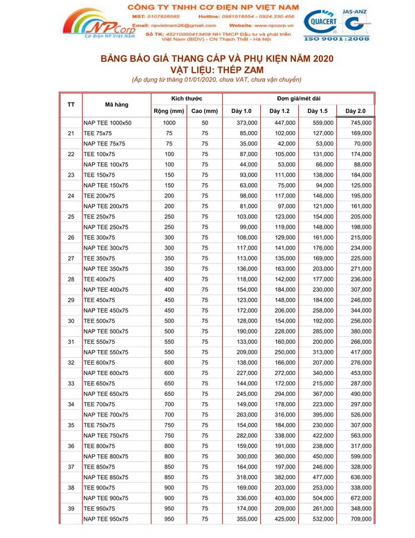 Bảng giá thang cáp tôn ZAM 2020 Bảng giá thang cáp tôn ZAM 2020