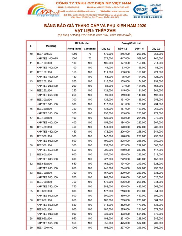 Bảng giá thang cáp tôn ZAM 2020 Bảng giá thang cáp tôn ZAM 2020