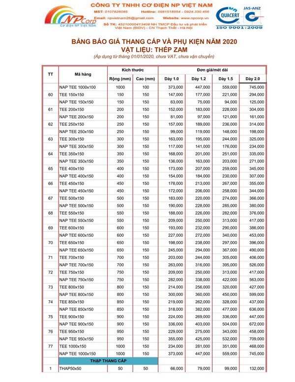 Bảng giá thang cáp tôn ZAM 2020 Bảng giá thang cáp tôn ZAM 2020