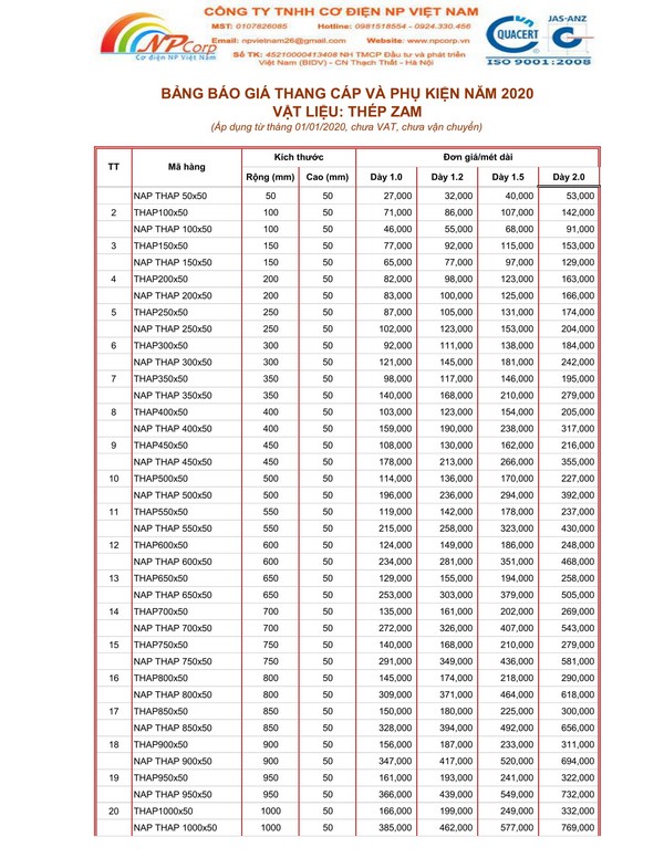 Bảng giá thang cáp tôn ZAM 2020 Bảng giá thang cáp tôn ZAM 2020