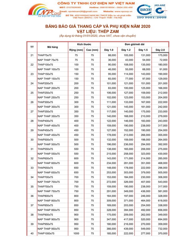 Bảng giá thang cáp tôn ZAM 2020 Bảng giá thang cáp tôn ZAM 2020