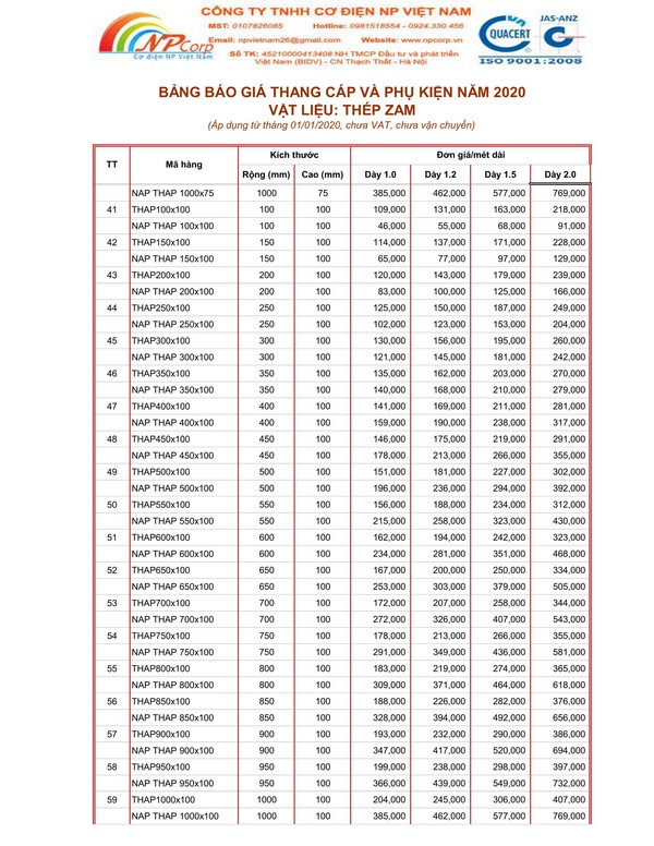 Bảng giá thang cáp tôn ZAM 2020 Bảng giá thang cáp tôn ZAM 2020