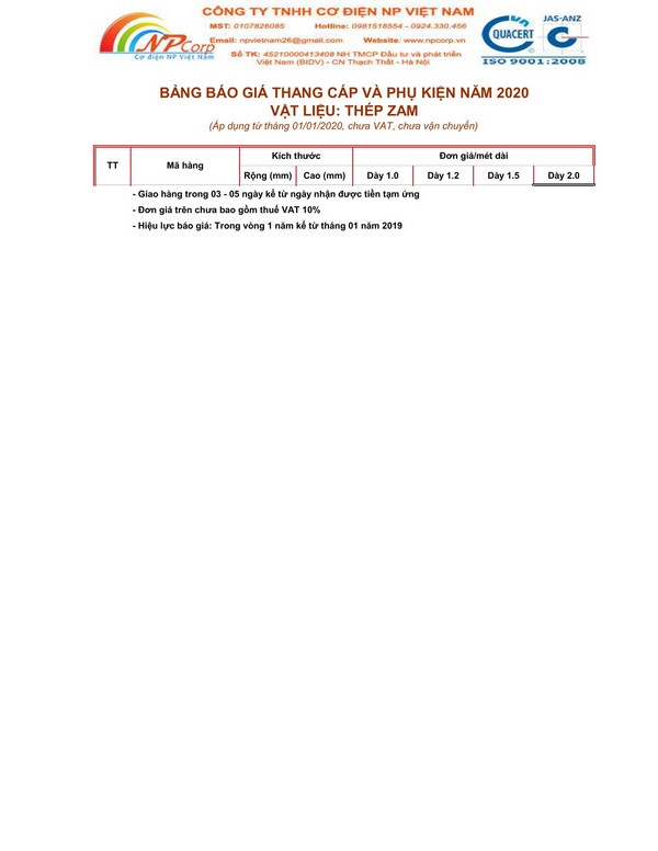 Bảng giá thang cáp tôn ZAM 2020 Bảng giá thang cáp tôn ZAM 2020