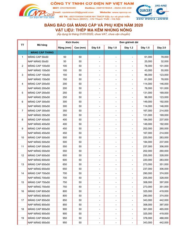 Bảng giá máng cáp mạ nhúng nóng 2020 Bảng giá máng cáp mạ nhúng nóng 2020